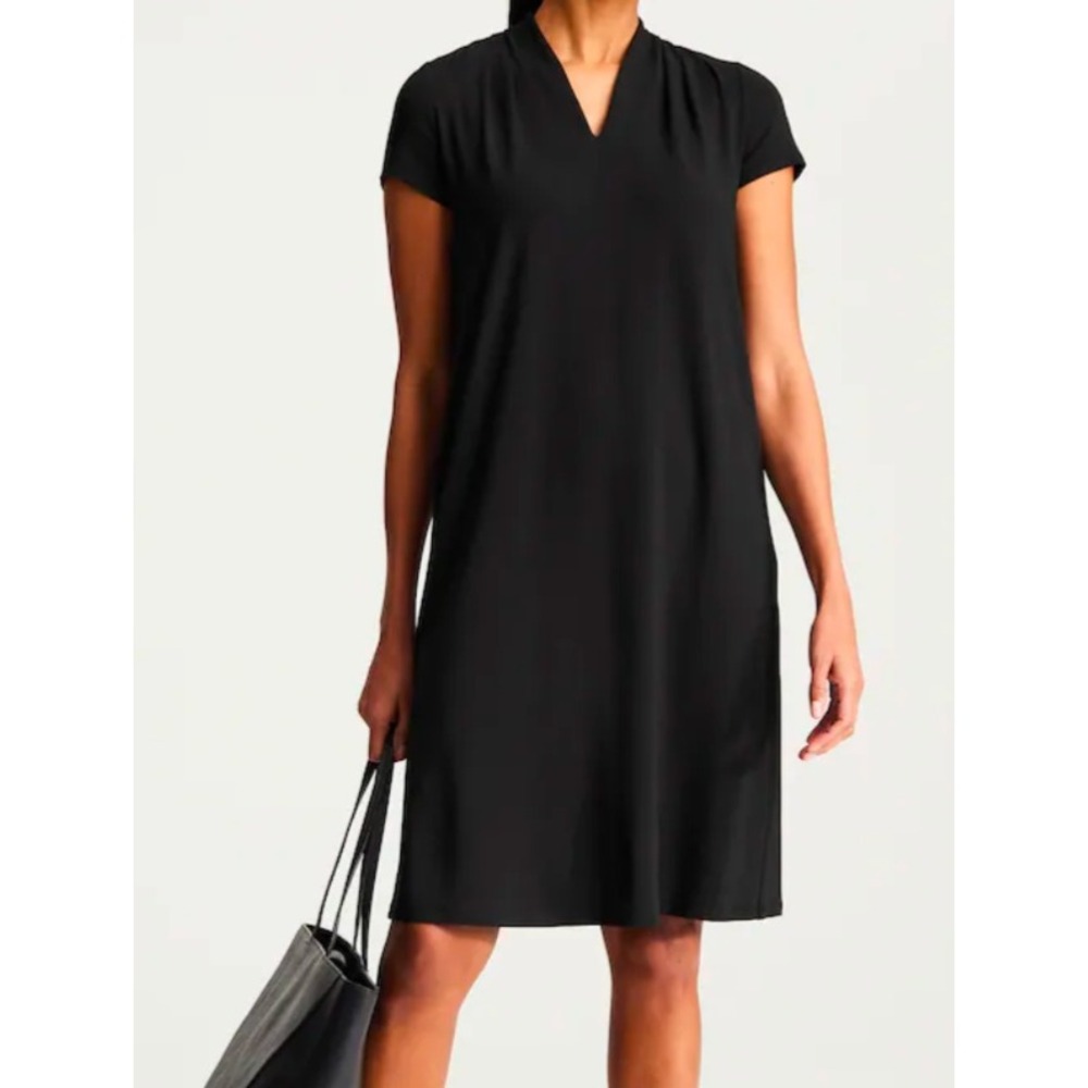 J. Jill Wearever Black Cap-Sleeve A-Line Dress V-Neck Knit Medium